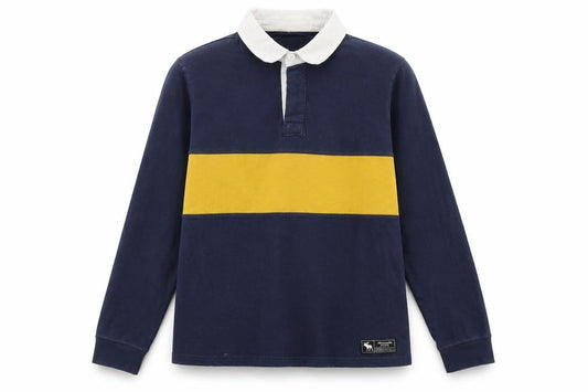 Front view of Abercrombie & Fitch Kids boys’ blue polo long sleeve, colourblock, 11-12 years