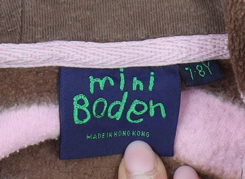 Mini Boden Girls Brown Pink Striped Hoodie, Size 7-8, Hooded Fleece