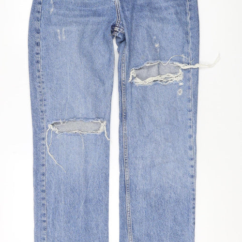 Pull&Bear Women's Blue Distressed Straight Jeans