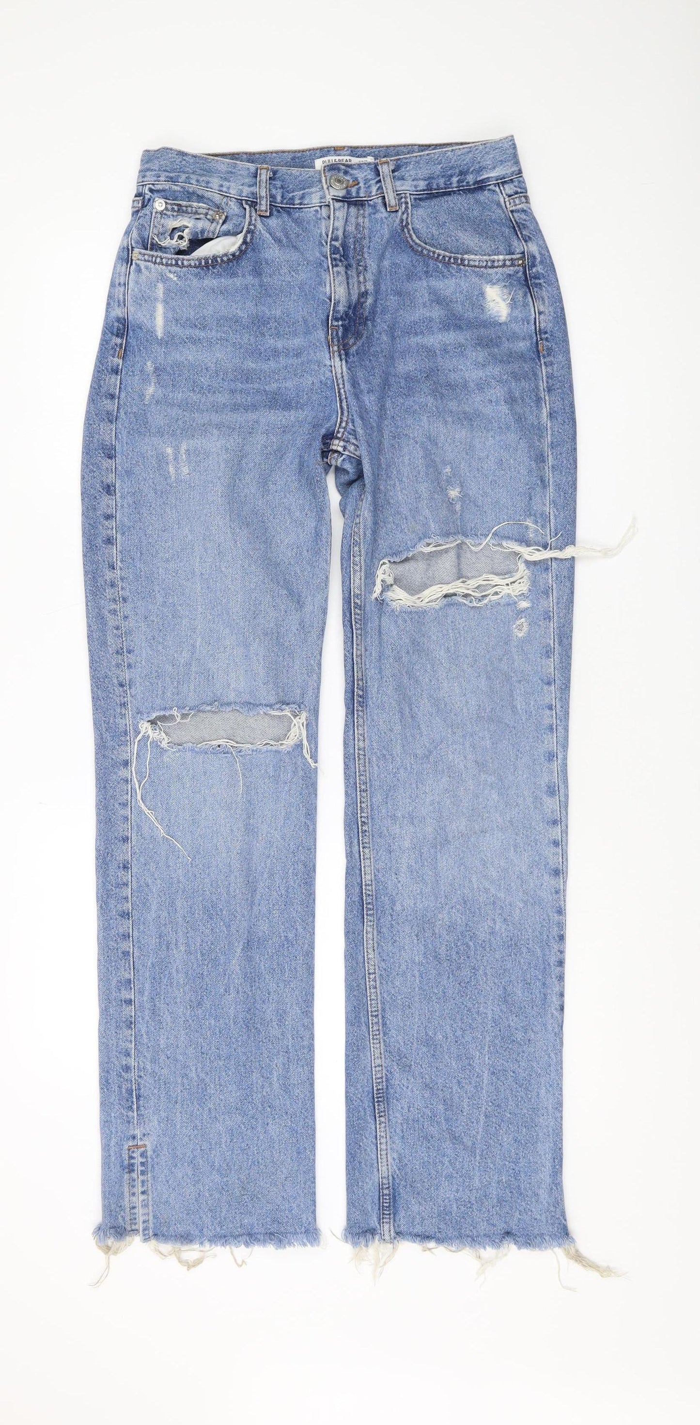 Pull&Bear Women's Blue Distressed Straight Jeans