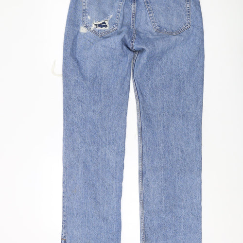 Pull&Bear Women's Blue Distressed Straight Jeans