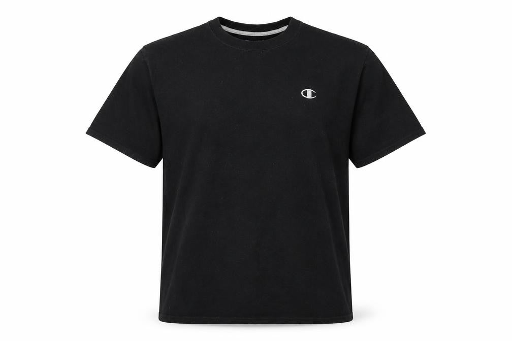 Front view of Champion Men's Black T-Shirt, Large, Short Sleeve