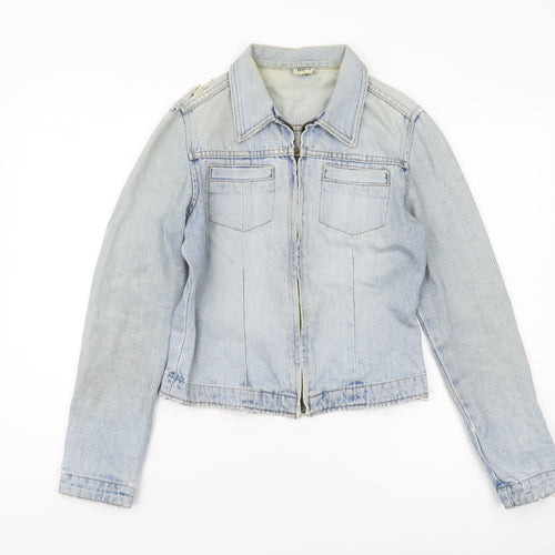 Bay Women's Blue Denim Jacket Size 8 Cropped Zip Casual