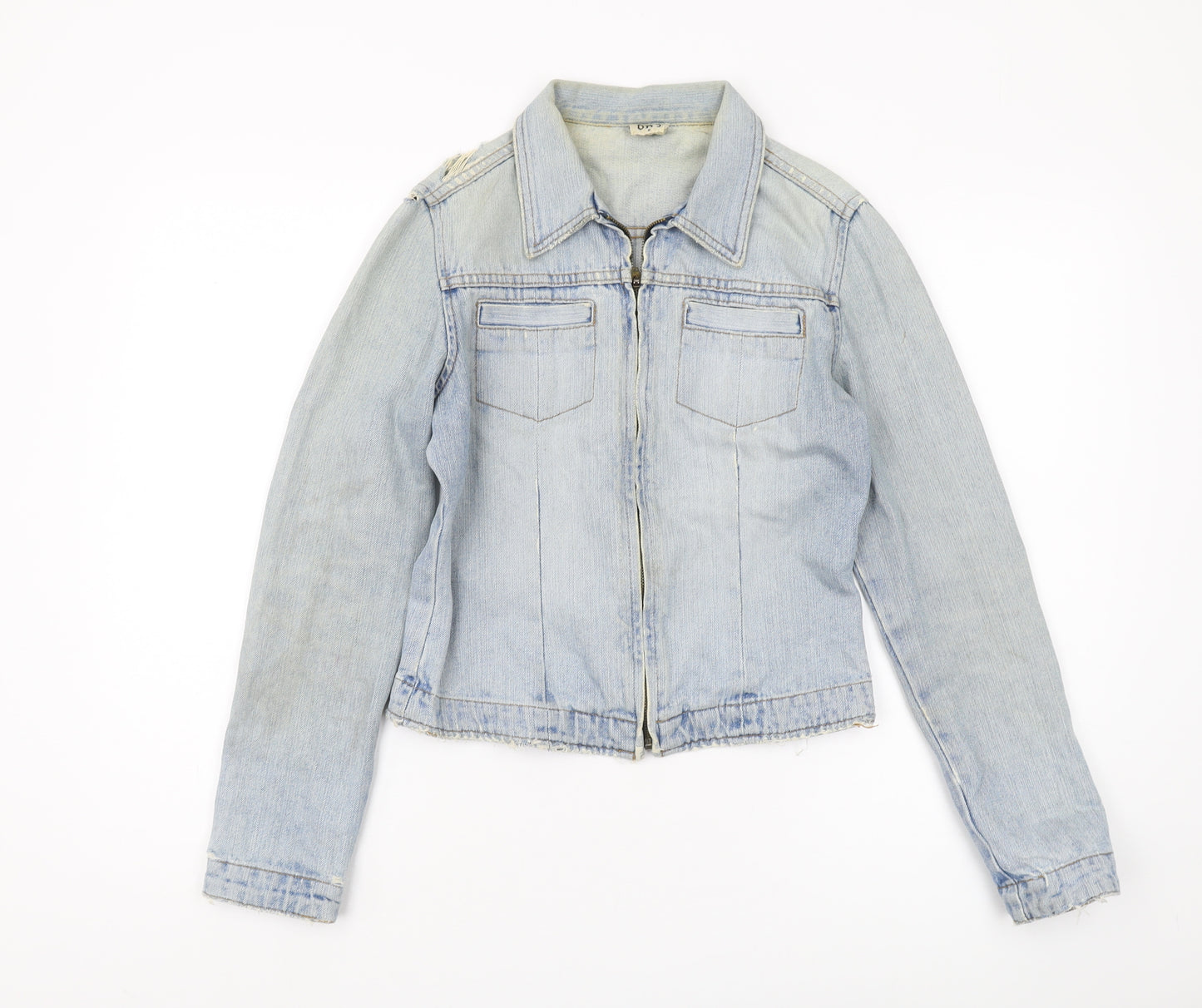 Bay Women's Blue Denim Jacket Size 8 Cropped Zip Casual