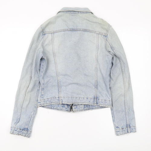 Bay Women's Blue Denim Jacket Size 8 Cropped Zip Casual