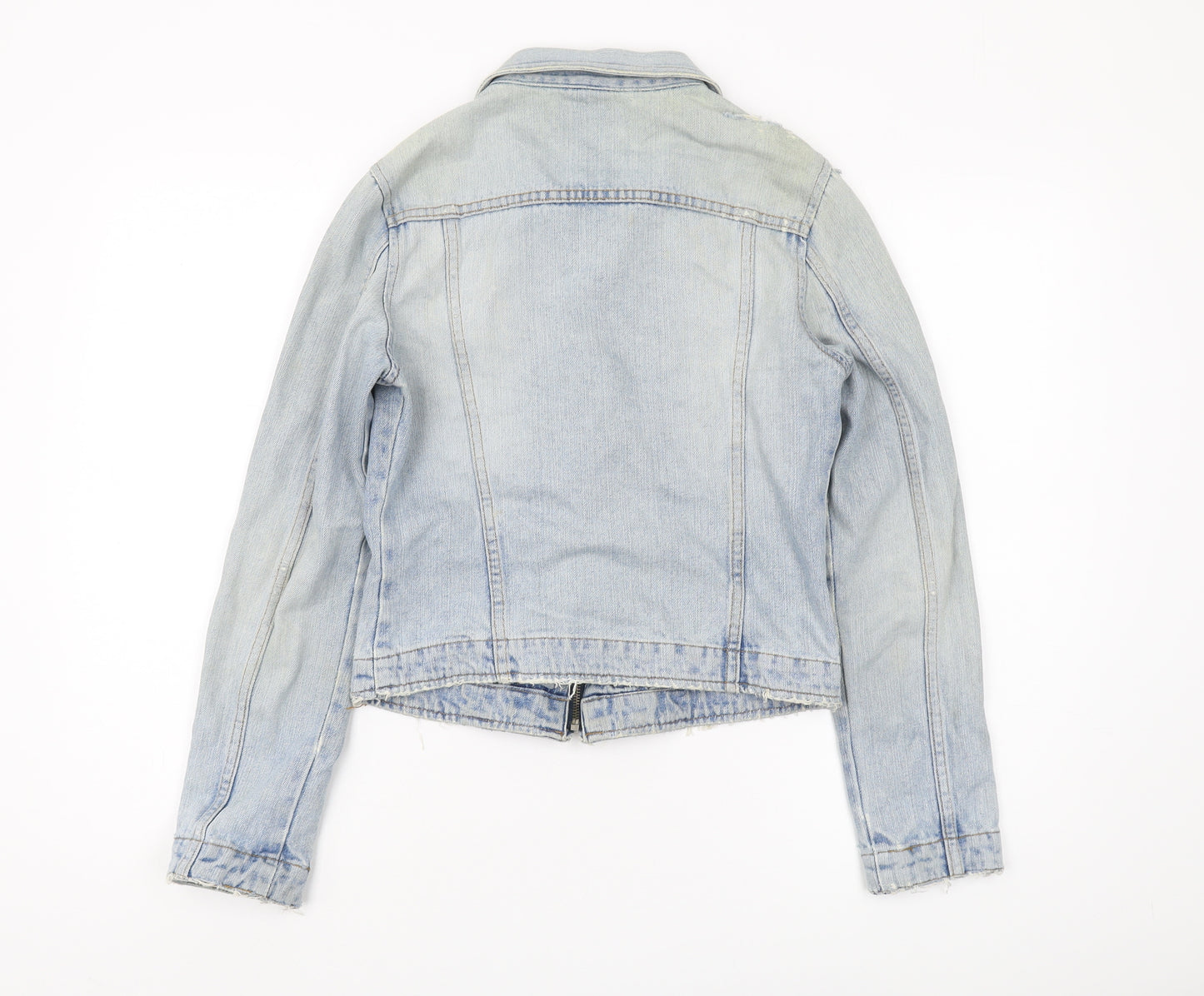 Bay Women's Blue Denim Jacket Size 8 Cropped Zip Casual