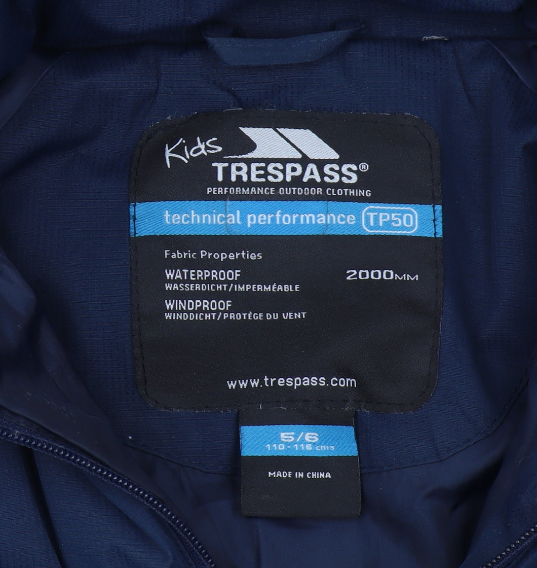 Trespass Boys Blue Puffer Jacket Hooded Waterproof 5-6 Years