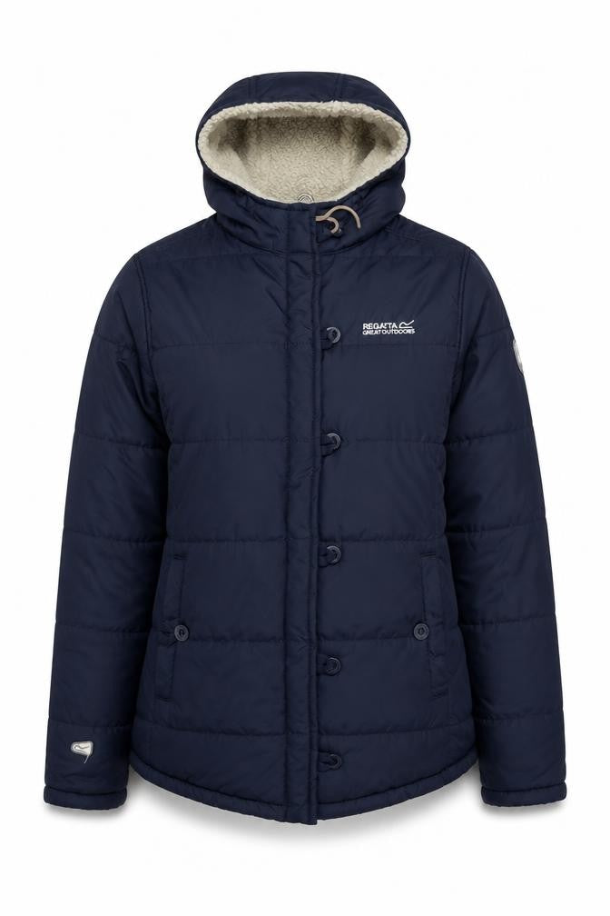 Front view of Regatta Women's Blue Puffer Jacket, size 12, Hooded Casual