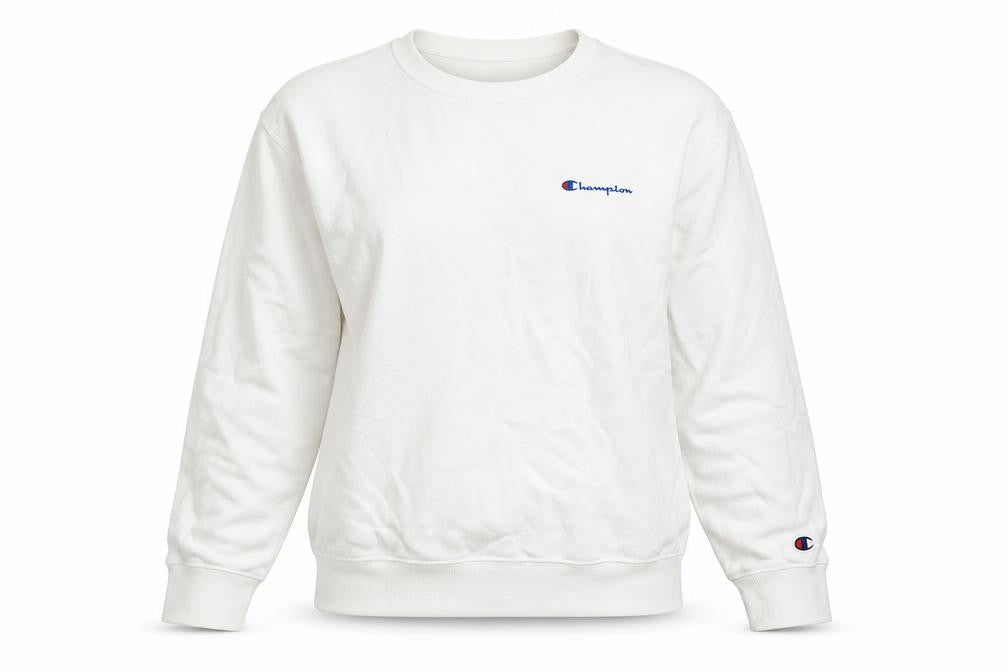 Front view of Champion unisex white pullover sweatshirt m