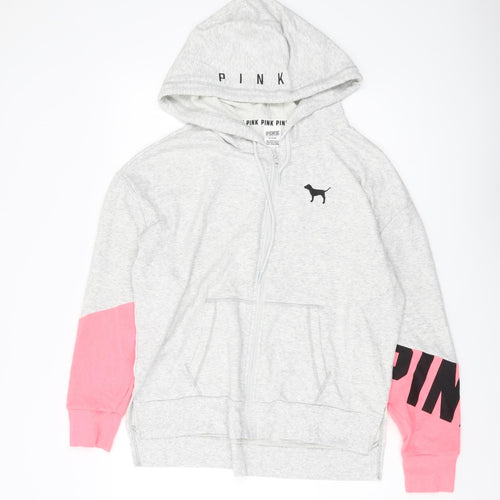 Victoria's Secret Women's Grey & Pink Full Zip Hoodie M
