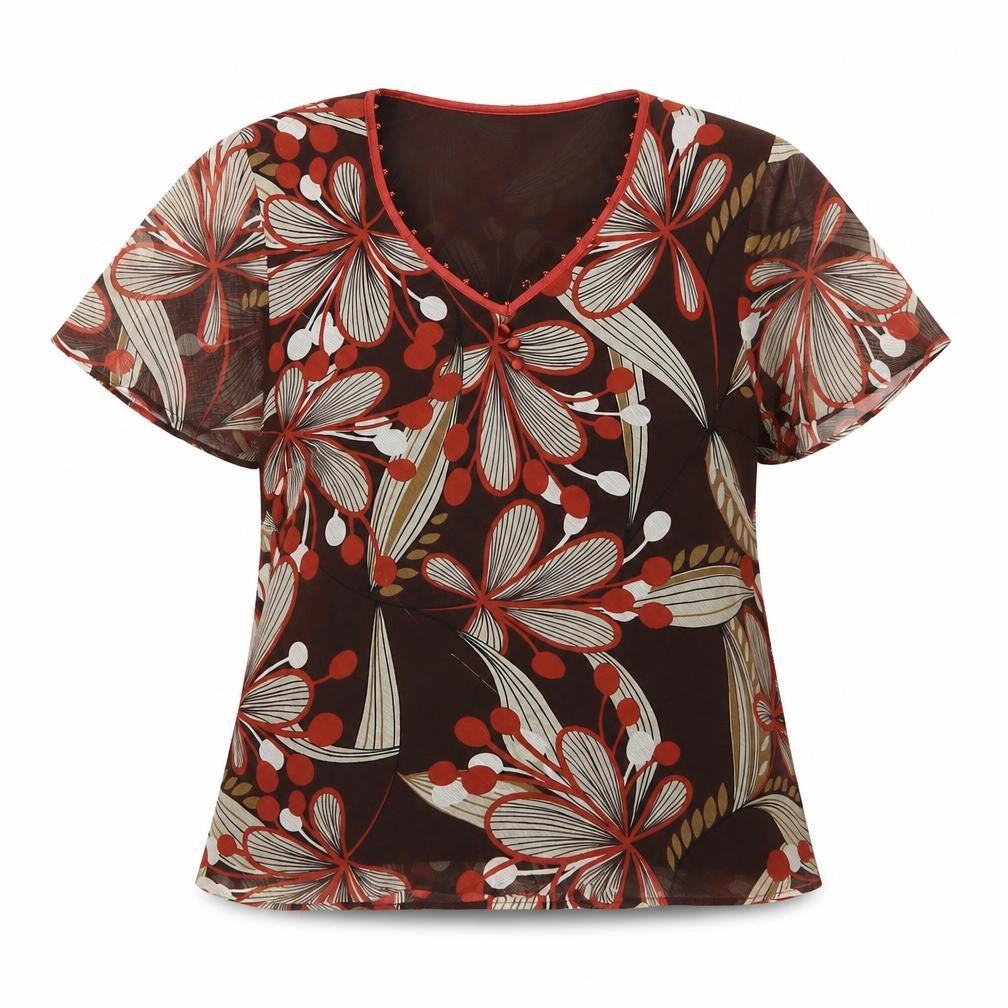 Front view of Jacques Vert Women's Brown Floral Tunic Blouse, size 12