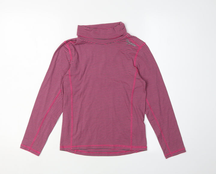 TOG 24 Girls Pink Grey Striped T-Shirt, 9-10 Years, High Neck, Long Sleeve