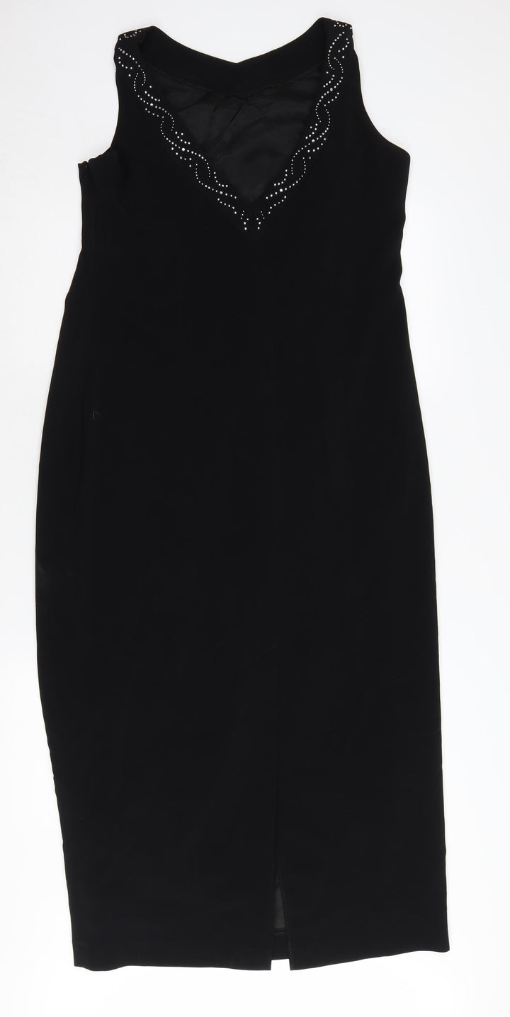 Roman Originals Black Sheath Dress - Elegant V-Neck, Party Size 14