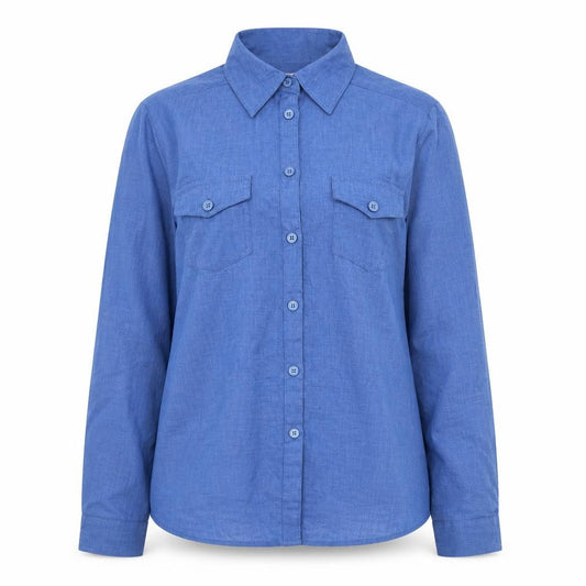 Front view of EWM Pure Classics Women's Blue Button-Up Shirt, size 10