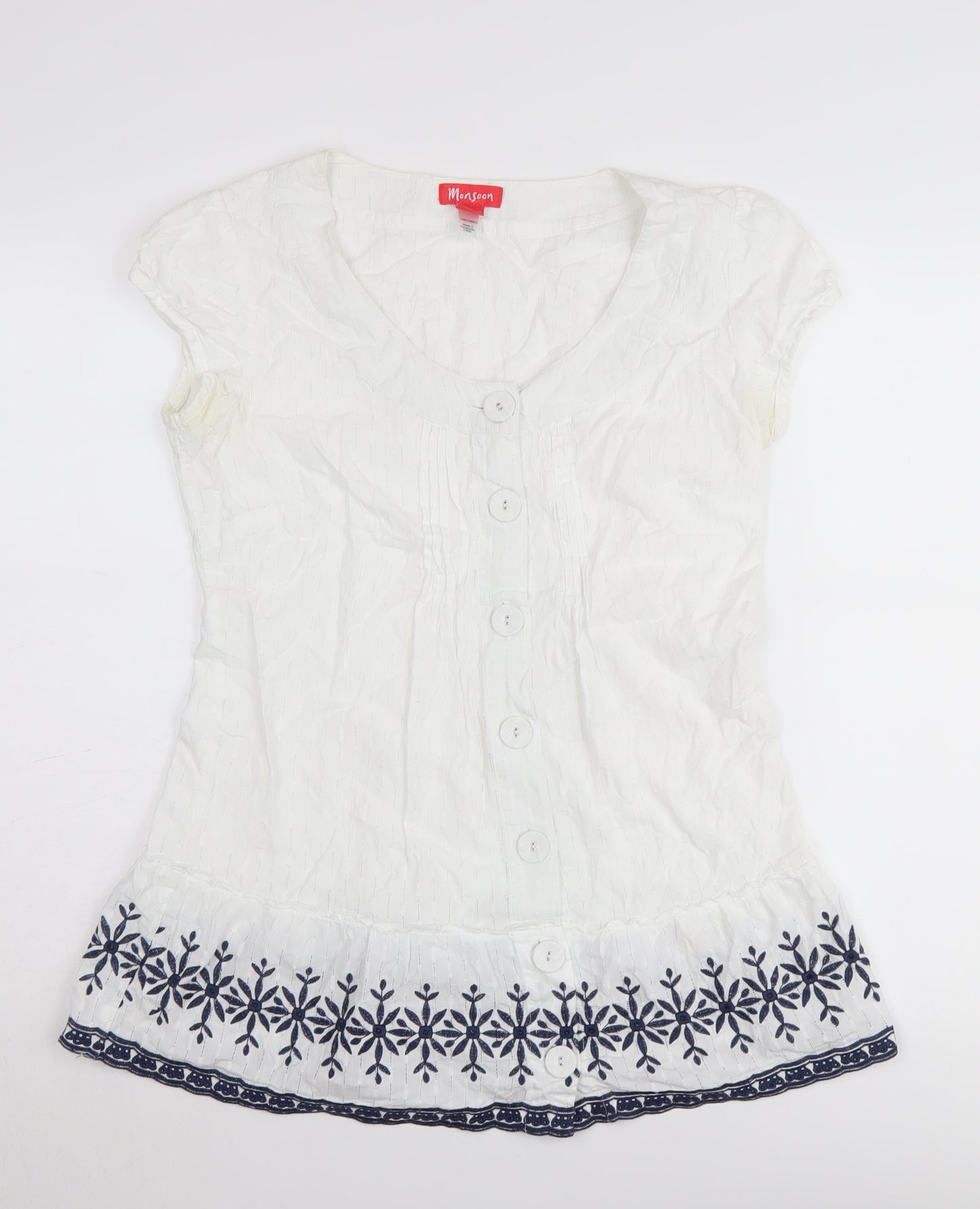 Monsoon Women’s White Cotton Blouse, Size 10, Embroidered