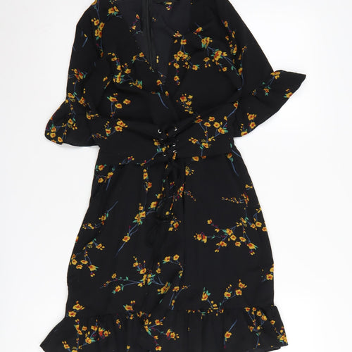 PrettyLittleThing Women's Black Floral Wrap Dress Size 8