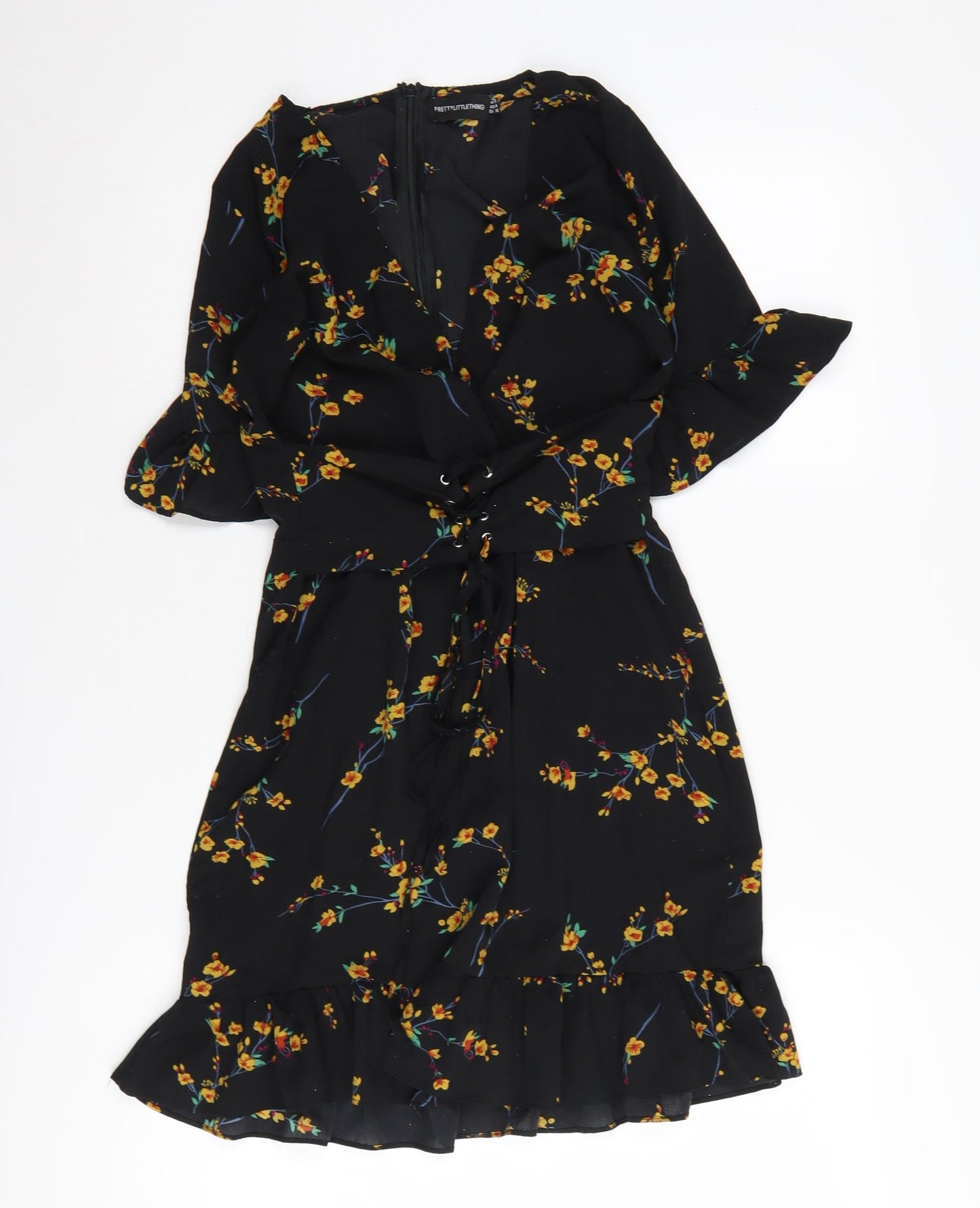 PrettyLittleThing Women's Black Floral Wrap Dress Size 8