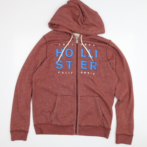 Hollister Men's Red Full Zip Hoodie L with Logo