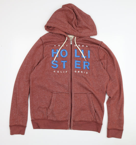 Hollister Men's Red Full Zip Hoodie L with Logo