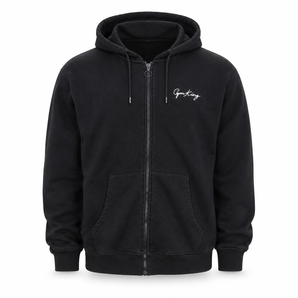 Front view of Gym King Men's Black Full Zip Hoodie L