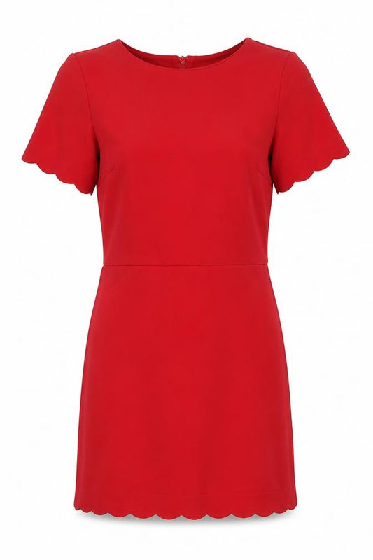 Front view of Warehouse Women's Red Sheath Dress, size 12, Scallop Detail