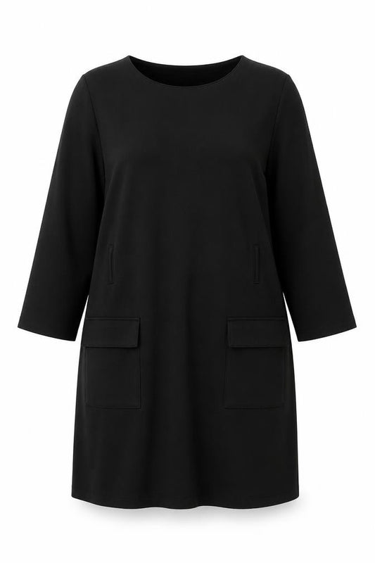 Front view of Warehouse Women's Black Shift Dress, size 16
