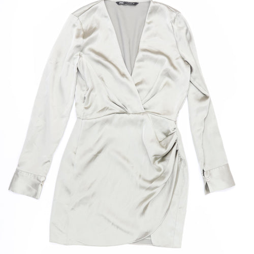 Zara Women's Grey Satin Wrap Dress, Size S, Elegant Style