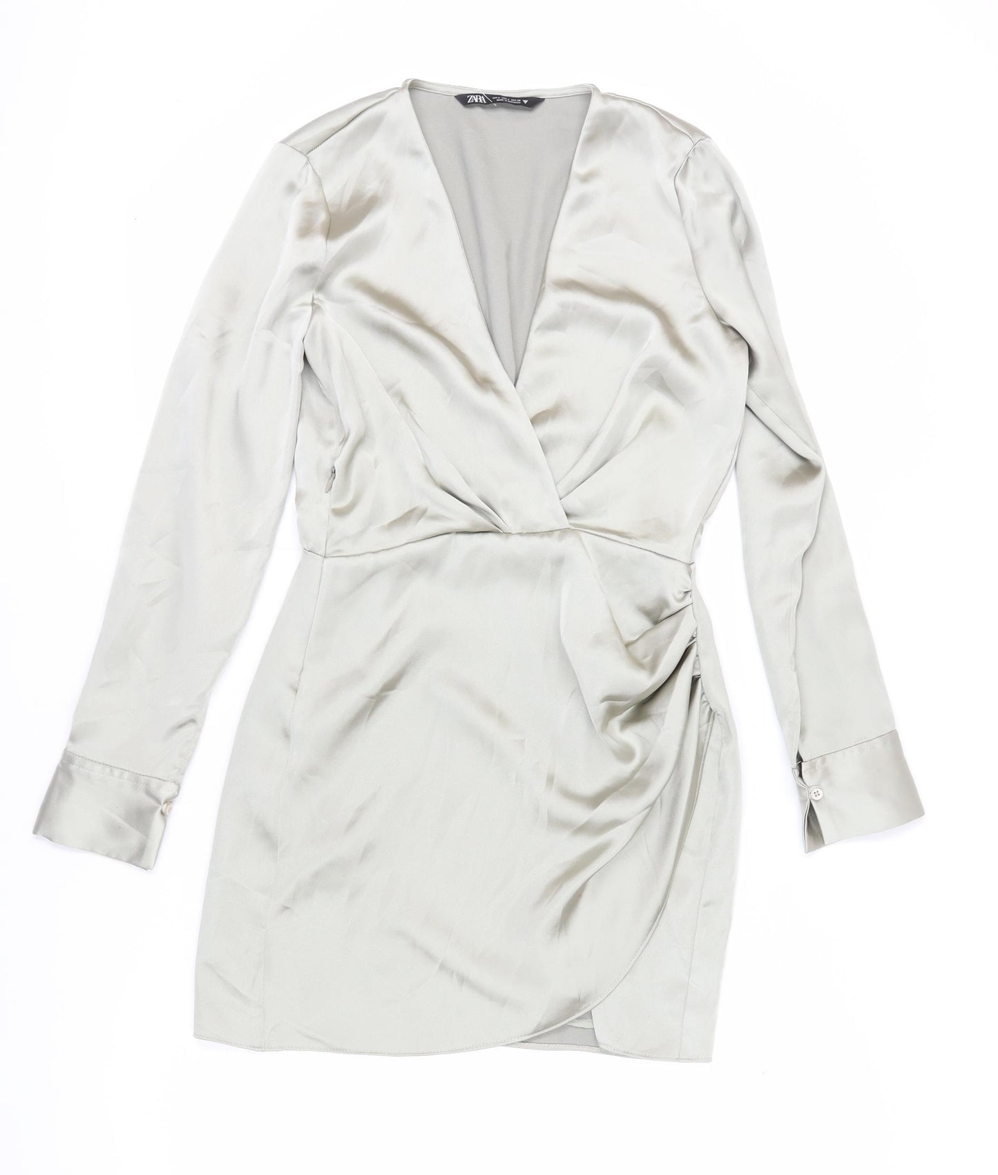 Zara Women's Grey Satin Wrap Dress, Size S, Elegant Style