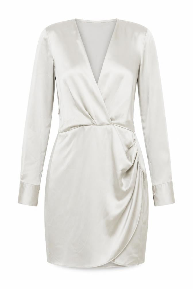 Front view of Zara Women's Grey Satin Wrap Dress, size S, Elegant Style