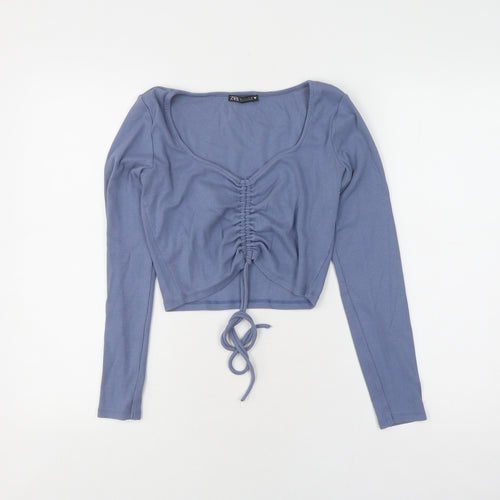 Zara Women’s Blue Cropped Long Sleeve Blouse