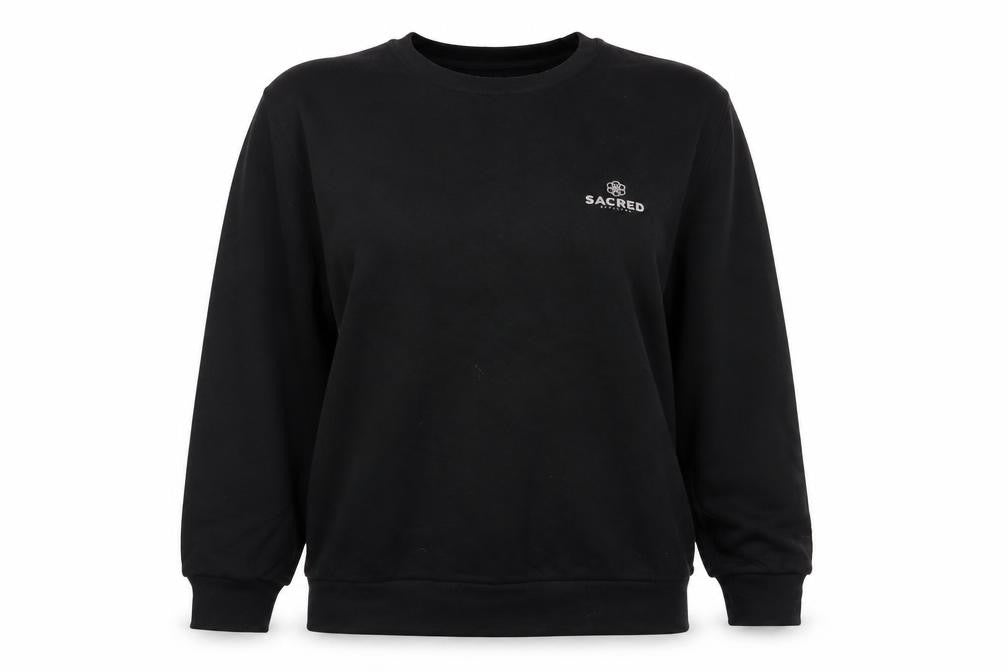 Front view of Sacred Official unisex black pullover sweatshirt m