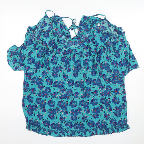 AND/OR Women's Blue Floral Cold Shoulder Blouse Size 10