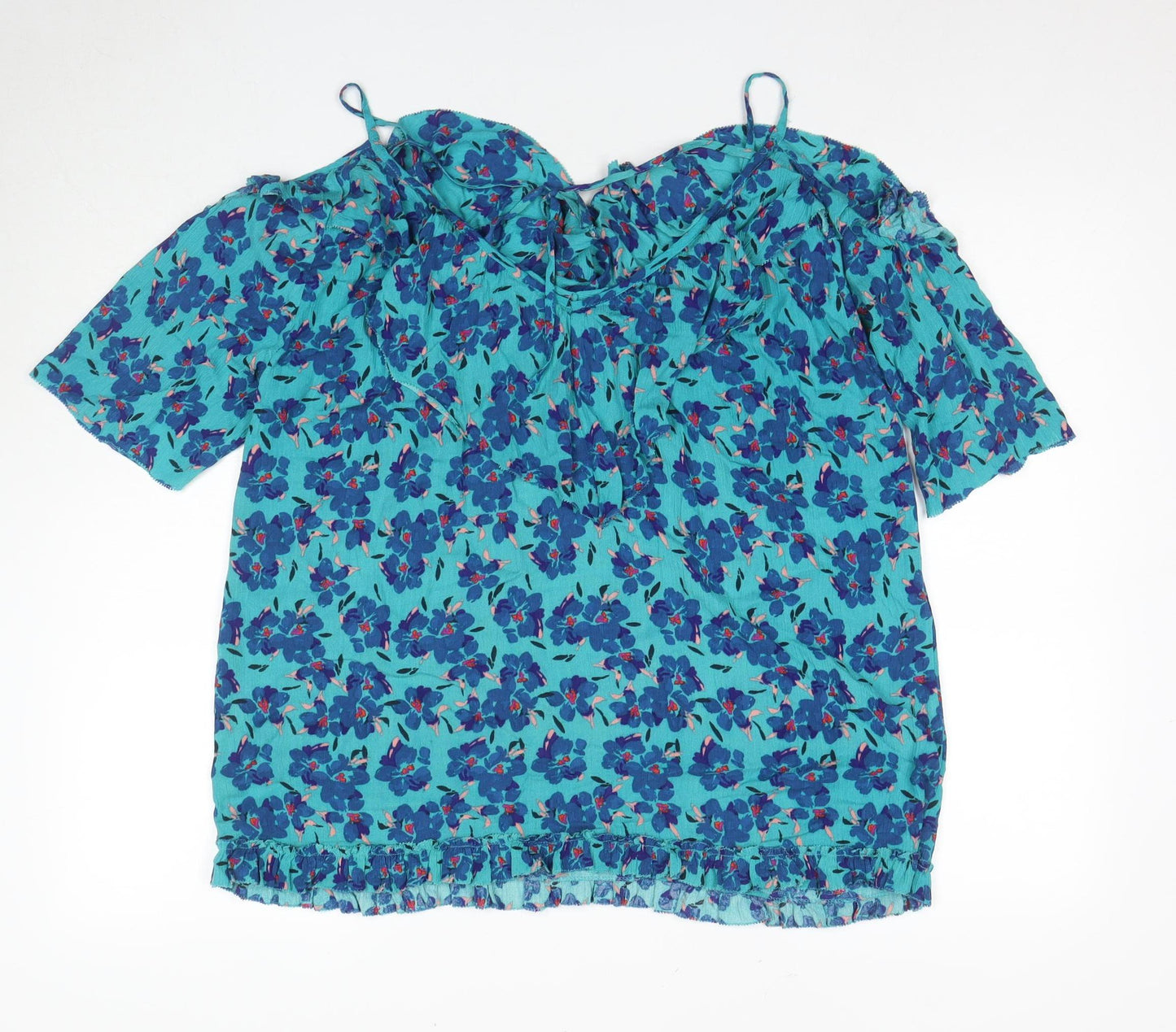 AND/OR Women's Blue Floral Cold Shoulder Blouse Size 10