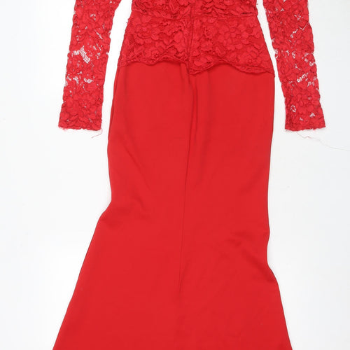 Jessica Wright Red Bodycon Dress, Women's 8, Lace Long Sleeve