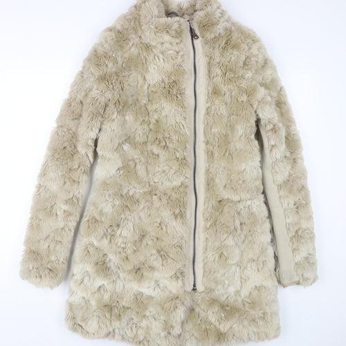 Next Women's Beige Faux Fur Coat Size 10 Mid-Length