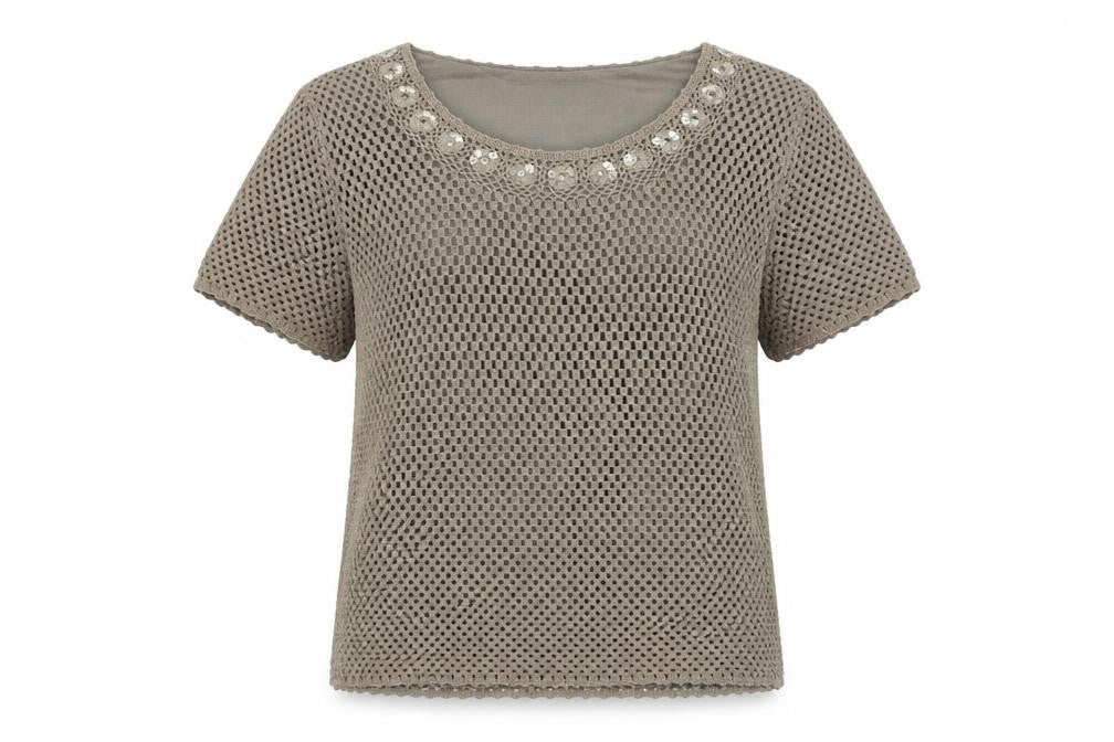 Front view of Jacques Vert Women's Beige Blouse L Short Sleeve Sequin