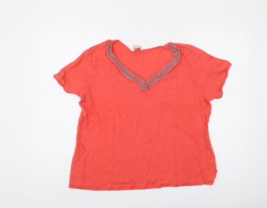 Monsoon Women's Red Linen V-Neck T-Shirt Size 16