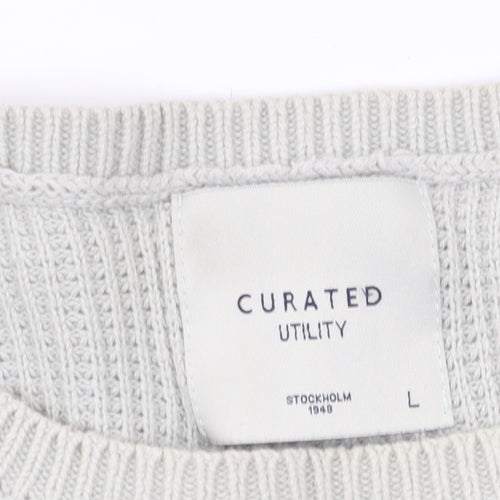 Curated Men's Grey Waffle-Knit Cotton Pullover Jumper L
