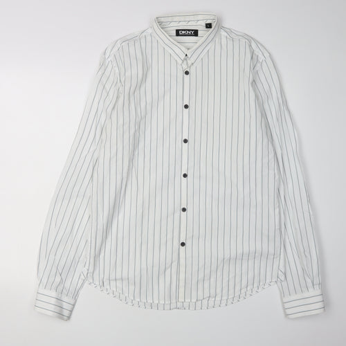 DKNY Men's White Striped Button-Up Shirt L