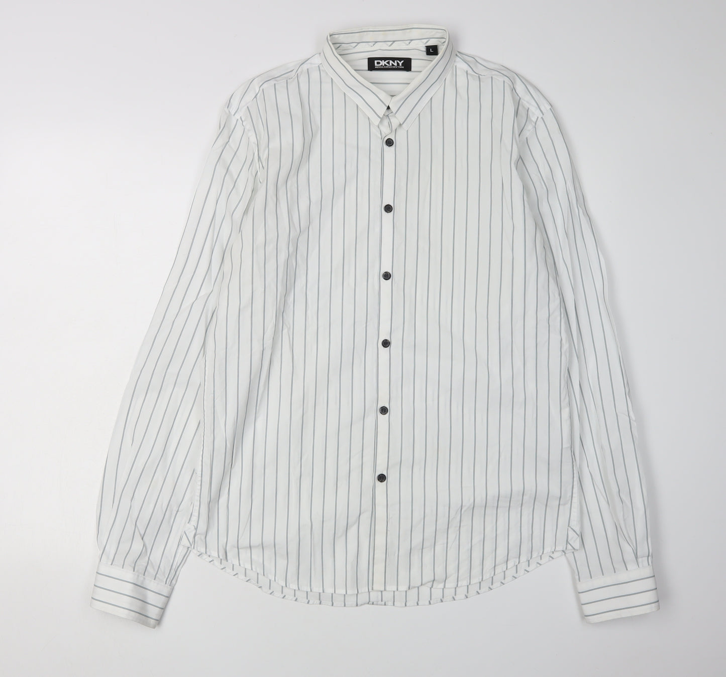 DKNY Men's White Striped Button-Up Shirt L