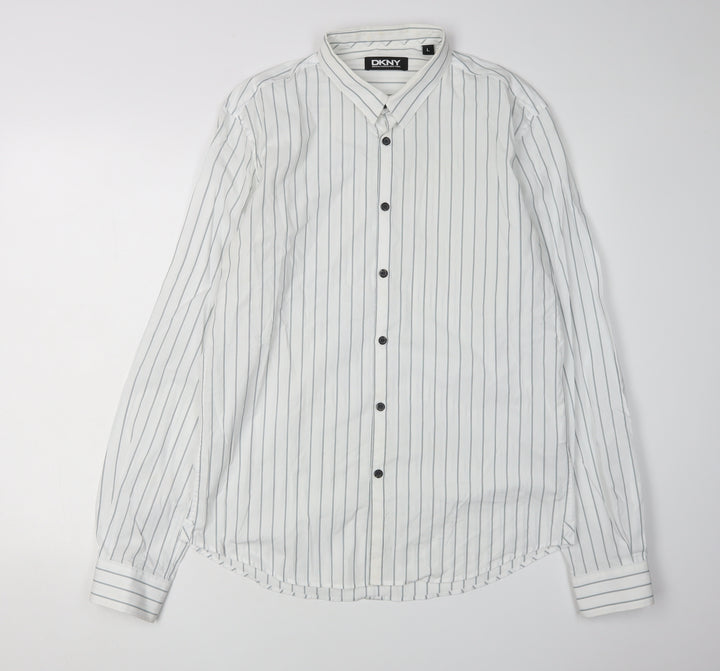 DKNY Men's White Striped Button-Up Shirt L