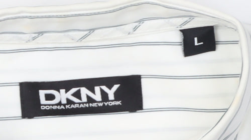 DKNY Men's White Striped Button-Up Shirt L