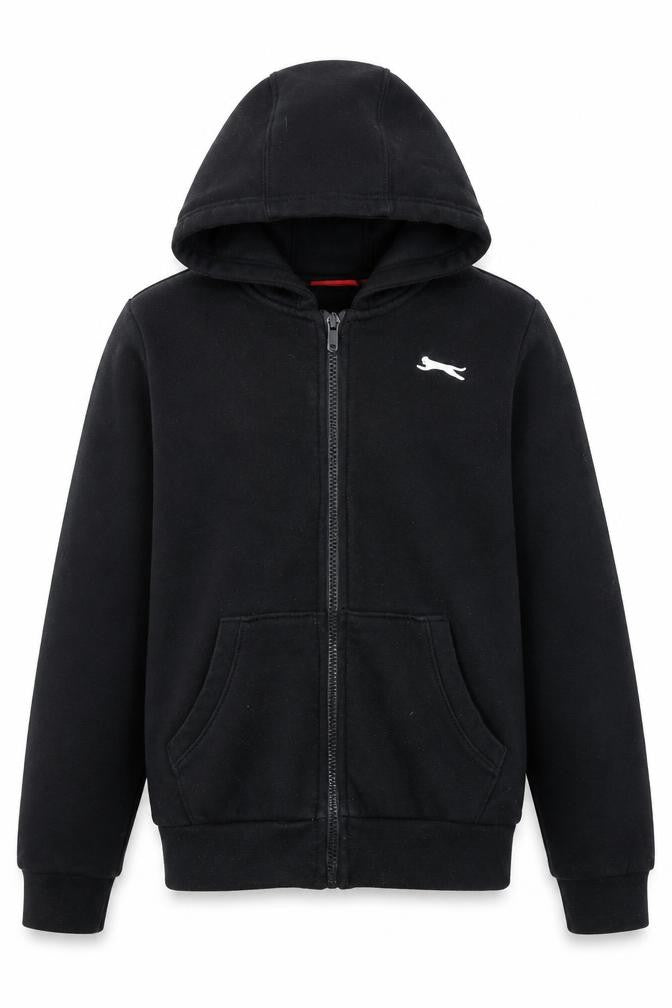 Front view of Slazenger boys’ black full zip hoodie, size 158