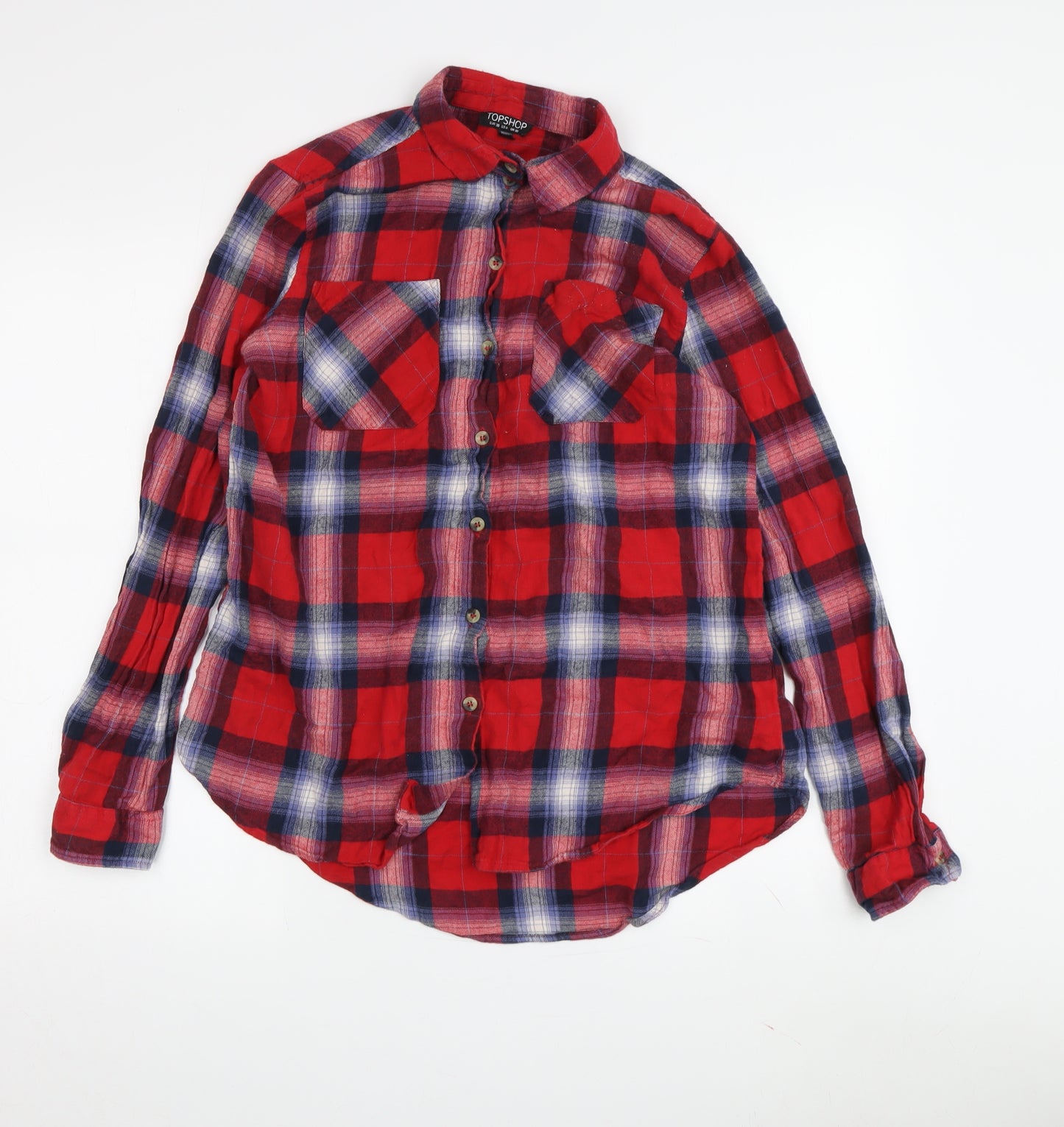 Topshop Women's Red Plaid Button-Up Shirt - Size 10