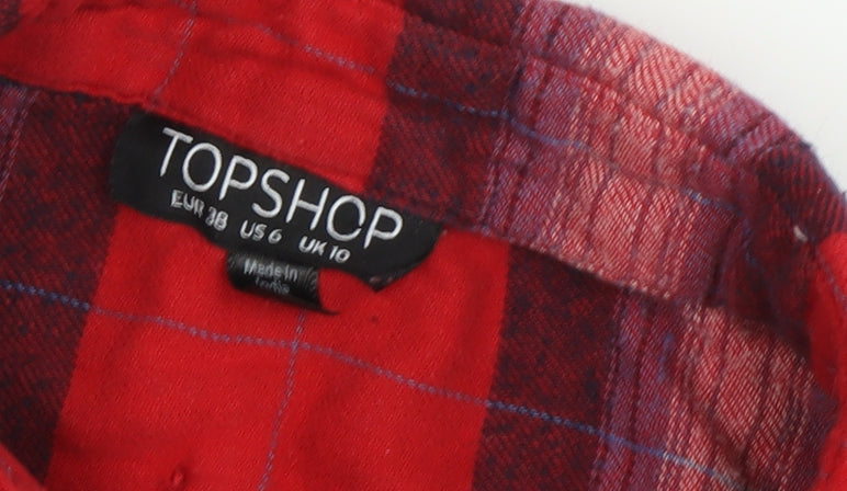 Topshop Women's Red Plaid Button-Up Shirt - Size 10