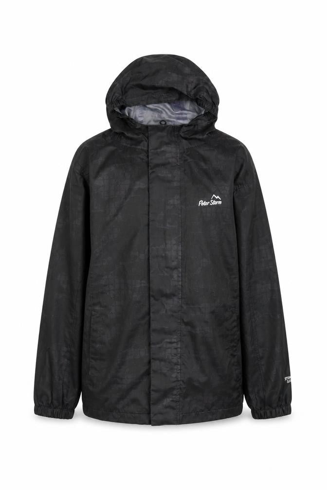 Front view of Peter Storm boys’' black windbreaker jacket 7-8 years