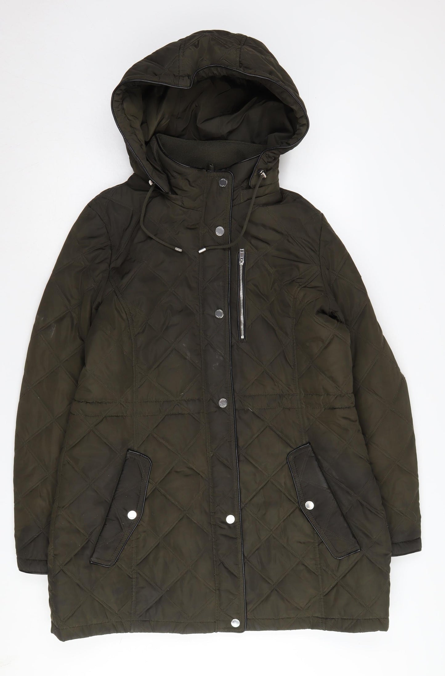 DKNY Women's Green Puffer Jacket L Hooded Casual