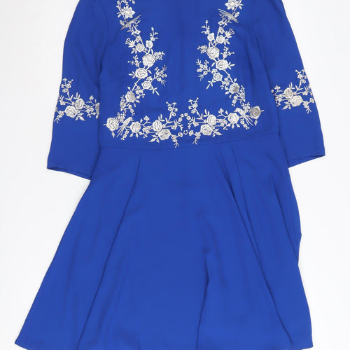 Oasis Women's Blue Embroidered A-Line Dress, Size 14