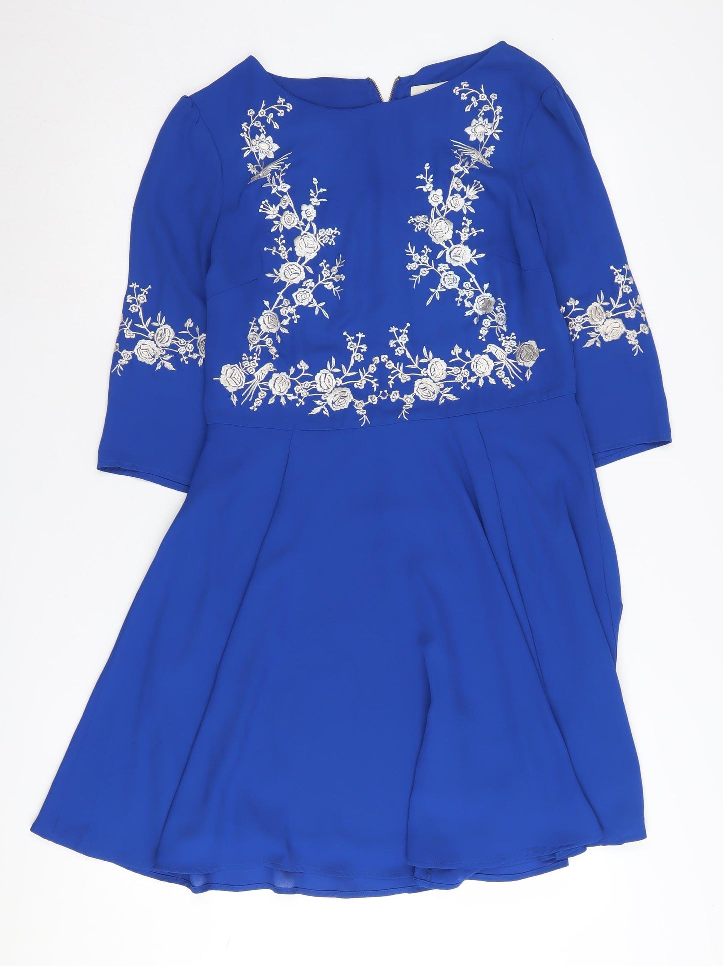 Oasis Women's Blue Embroidered A-Line Dress, Size 14