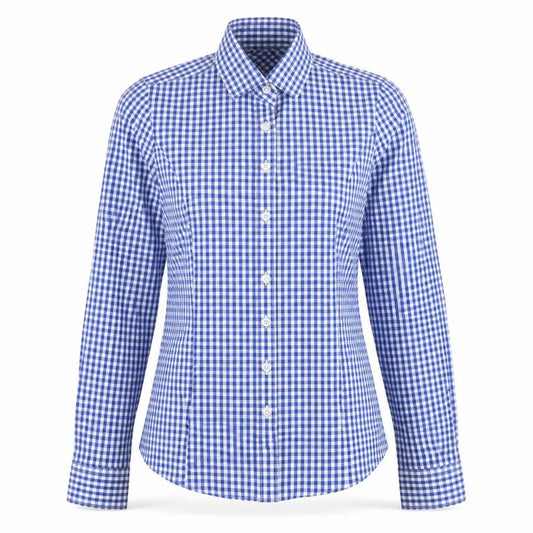 Front view of Brook Taverner Women's Blue Check Button-Up Shirt, size 6